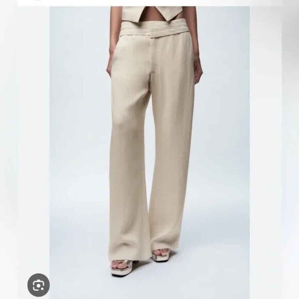 Zara Contrast Waist Linen Blend Pants Blogger favorite Women XS NEW‎ Zip Closure